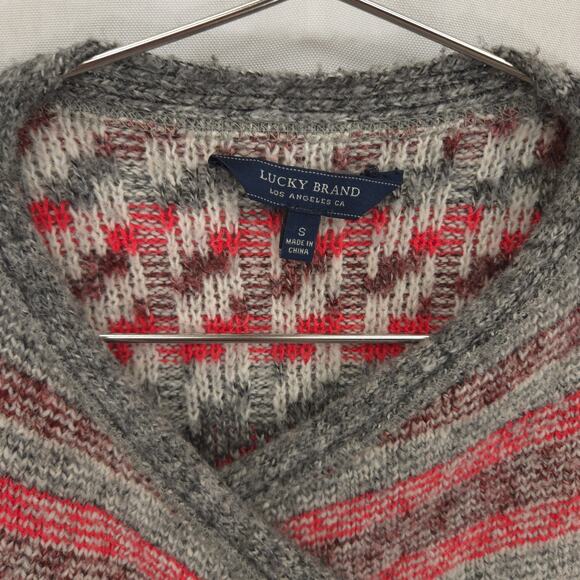 Lucky Brand Cardigan Sweater Womens Small Gray Red Striped Open Front Wrap - Picture 11 of 12